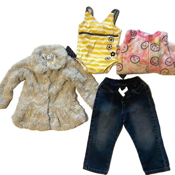 Outfit Bundle 2T - 4 Items - Fuzzy/Furry Jacket, Jeans, Happy Face PJs, Swimsuit - Picture 1 of 8